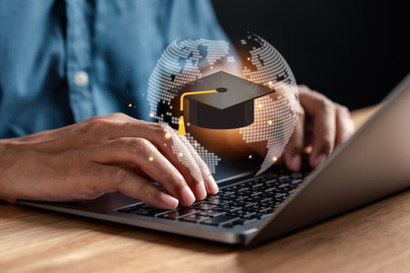 E-learning online class on virtual screen, watching video on internet, webinar online, education on internet, e-learning, learning online with webinar, video tutorialの写真素材