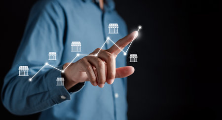 Pointing chart of Owner business commerce online startup profit earning and goal successful franchise store. Future best product and store and competent systemの写真素材