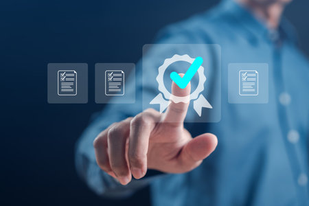 Quality Certificate and Checklist and analyst target marketing planning assignment with quality management. Standardization, certification. Compliance to regulations service and standards.の写真素材