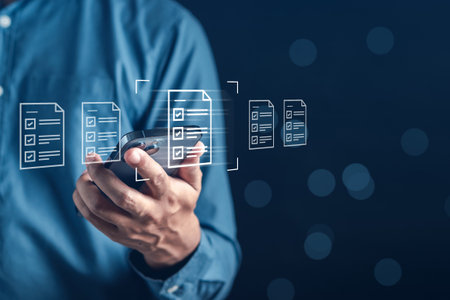 Online survey filling out and digital form checklist by laptop computer, Document Management Checking System, online documentation database and process manage files.の写真素材