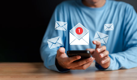Businessman sending email by laptop computer to customer, business contact and communication, email...