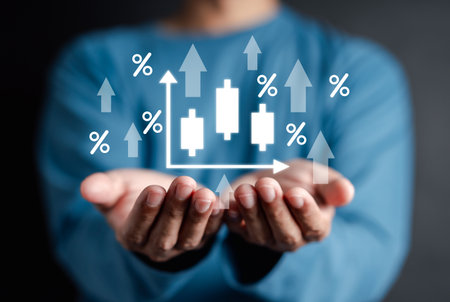 Businessman holding increase up icon with business objective to set up business objective target goal, marketing solution, target for business investment.の写真素材