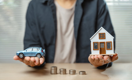 Insurance financial agent signing services to promote and sell insurance and car. man agent insurance calculate money for deals in buy or sell house and car.の写真素材