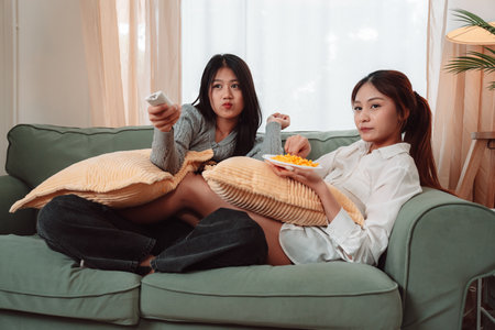 Asian Women Snack Food Eating Lifestyle Indoor Living Room Enjoyment Movie, Two Young Adults Sharing Laughter and Snacks While Watching TV, Embracing Friendship and Relaxation at Home Togetherの写真素材