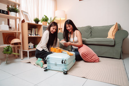 Woman Baggage Trip Holiday Friends Packing Suitcase Home Female Vacation, Two Young Friends Joyfully Preparing Their Luggage for a Fun and Relaxing Summer Journey Together at Homeの写真素材