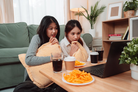 Asian Women Snack Food Eating Lifestyle Indoor Living Room Enjoyment Movie, Two Young Adults Sharing...