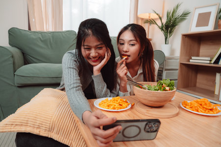 Asian Woman Friend Doing Lifestyle Indoor Smiling Phone Happiness, Sharing Joy and Memories Together...