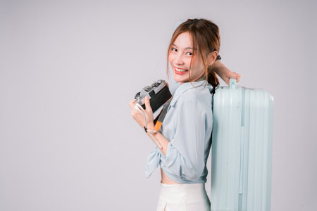 Woman Camera Journey Hobby Photographer Trip Shooting Picture Passion Smiling, Cheerful Young Female Traveler Enjoying Her Photo Adventure On White Backgroundの写真素材