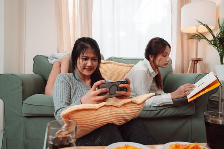 Asian Woman Friend Doing Lifestyle Indoor Smiling Phone Happiness, Sharing Joy and Memories Together at Home, Relaxing on Sofa with Smart Devices and Family Bonding Momentsの写真素材