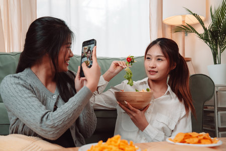 Asian Woman Friend Doing Lifestyle Indoor Smiling Phone Happiness, Sharing Joy and Memories Together...