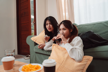 Asian Women Snack Food Eating Lifestyle Indoor Living Room Enjoyment Movie, Two Young Adults Sharing Laughter and Snacks While Watching TV, Embracing Friendship and Relaxation at Home Togetherの写真素材