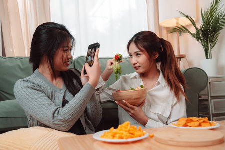 Asian Woman Friend Doing Lifestyle Indoor Smiling Phone Happiness, Sharing Joy and Memories Together at Home, Relaxing on Sofa with Smart Devices and Family Bonding Momentsの写真素材
