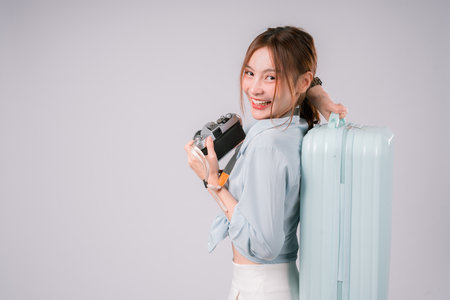 Woman Camera Journey Hobby Photographer Trip Shooting Picture Passion Smiling, Cheerful Young Female Traveler Enjoying Her Photo Adventure On White Backgroundの写真素材