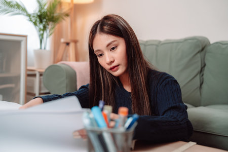 Student Studying and Doing Homework Woman Young University Female Reading Education Writing, Focused Young Adult Engaged in Learning and Academic Work at Home, Preparing for Successの写真素材