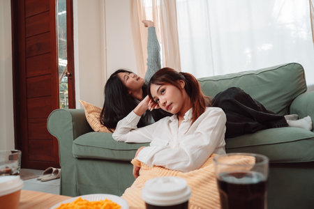 Asian Women Snack Food Eating Lifestyle Indoor Living Room Enjoyment Movie, Two Young Adults Sharing Laughter and Snacks While Watching TV, Embracing Friendship and Relaxation at Home Togetherの写真素材