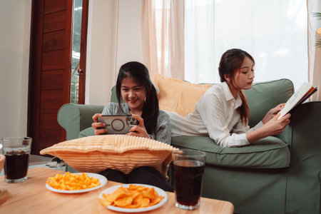 Asian Woman Friend Doing Lifestyle Indoor Smiling Phone Happiness, Sharing Joy and Memories Together at Home, Relaxing on Sofa with Smart Devices and Family Bonding Momentsの写真素材