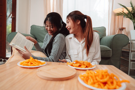 Asian Women Snack Food Eating Lifestyle Indoor Living Room Enjoyment Movie, Two Young Adults Sharing Laughter and Snacks While Watching TV, Embracing Friendship and Relaxation at Home Togetherの写真素材