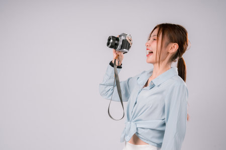Asian Woman Female Camera Traveler Happy Smile Photo Portrait Person, Joyful Tourist Capturing the...
