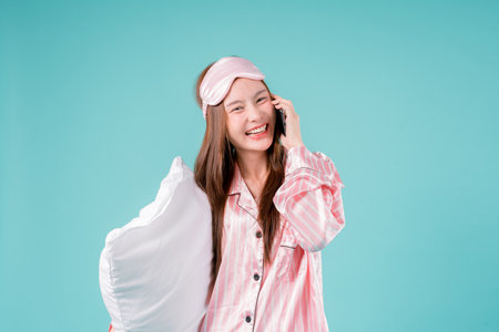 Self Phone Sleep Woman Using Smart Phone Online Relaxation with Eye Cup and Pillow, A Young Woman...