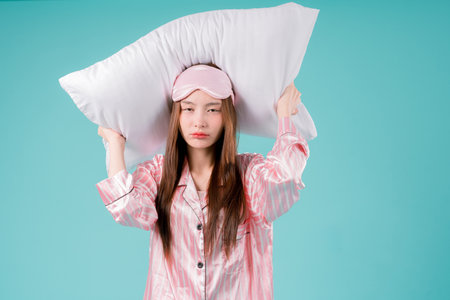 Sleep Pillow Posing Dream Mask Positive Rest Soft Emotion Indoor, A Young Woman in Pajamas Lying...