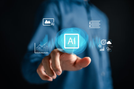 AI technology enhancing SEO strategy, data analytics, and digital content optimization. Perfect for marketing, automation, artificial intelligence, and online business transformation themes.の写真素材