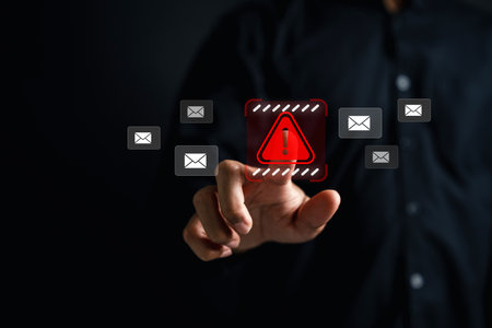 Email spam alert with cybersecurity threat warning symbol. Concept of phishing, email scam, data...