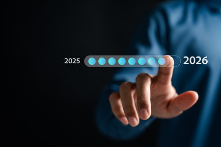 Countdown progress bar from 2025 to 2026 with Representing new year transition, future planning, business timeline, and technology advancement toward 2026.の写真素材