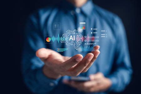 AI technology in daily life with voice chat, chatbot assistant, and investment data analytics. Smart solutions for real-time communication, financial insights, and automation systems.の写真素材