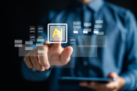 AI technology automating document writing, data structure, and digital workflow process. intelligent automation, office productivity, and smart file management systems.の写真素材