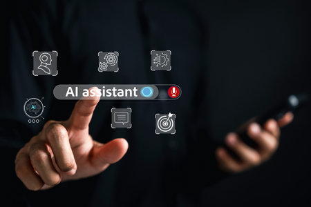 AI assistant technology helping users plan goals, track progress, and enhance productivity. Concept of smart virtual assistant, automation, voice command, and digital life organization tools.の写真素材
