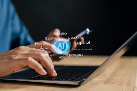AI translation interface with floating language elements. Artificial intelligence concept for real-time multilingual communication, localization, and automated language processing.の写真素材