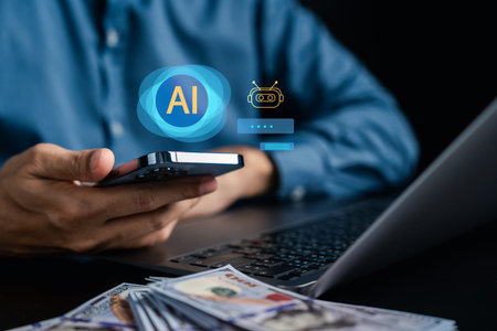 AI technology for income generation using mobile device. Businessman using AI generator to create digital value, automate tasks, and earn online through smart applications and chatbot assistant.の写真素材