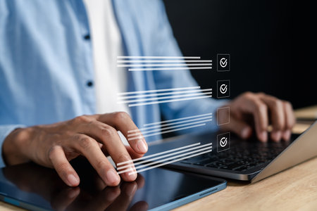 Document quality assurance and content validation with digital checklist. Ideal for workflow review, audit process, compliance verification, and office management.の写真素材