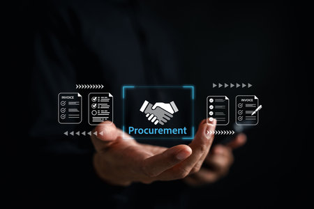 Procurement process management in a digital system. Handshake icon successful business agreement, purchase order, invoice tracking, and workflow automation in enterprise supply chain.の写真素材