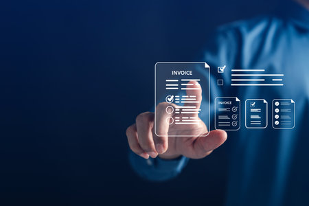 Digital invoice document approval system with checklist interface for efficient financial management, payment tracking, and billing automation in business environments.の写真素材