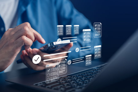 Online survey and digital checklist form, user interaction with form filling and ticking boxes, feedback system, data analysis, and productivity apps.の写真素材