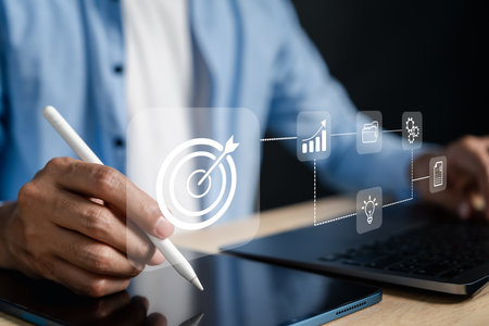Business strategy concept with goal and target for planning success, project execution, team management, and strategic decision in business.の写真素材