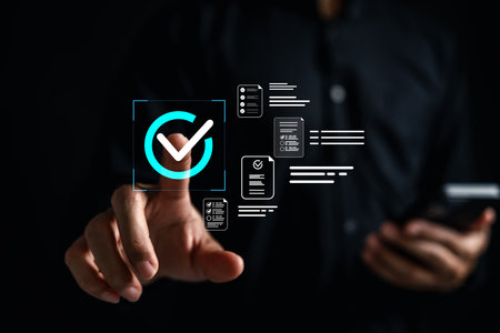Online survey and digital form verification with approval workflow system, highlighting smart data processing, secure document management, and seamless interaction in a virtual interface.の写真素材