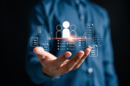 CRM and procurement process with digital contract signing, checklist forms, business documentation, client management, workflow approval, and online document verification for enterprises.の写真素材