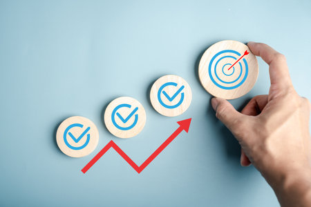 Business process growth with checklist and target icon, success strategy, step improvement,...