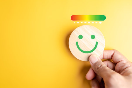 Happy smile face and mental health positivity with emotional satisfaction level, representing...