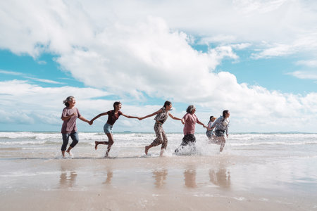 Asian family enjoying beach life, Senior women and child walking playful, health, wellness, and...