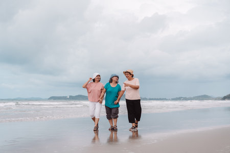 Elderly women walking happily on the beach, symbolizing financial security, freedom, friendship, and peace of mind in later life.の写真素材