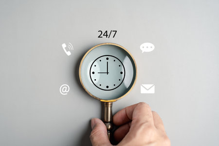 24-7 service support concept with communication icons and magnifying glass, nonstop customer care,...