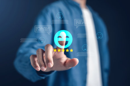 Customer experience and positive feedback with user give five-star rating and happy emoji icon,...