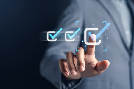 Checklist completion businessman digital checkbox, task management, goal achievement, productivity, digital workflow, and business planning success.の写真素材