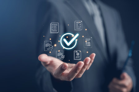 Digital file check, document approval, task verification, and workflow management concept with businessman holding checkmark quality control, compliance, and accuracy.の写真素材