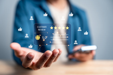 Customer review and feedback concept with five star rating, smile face, online reputation, business trust, brand credibility, and customer satisfaction.の写真素材