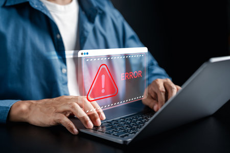 Cyber attack risk and system error warning. hacking threat, malware infection, data breach, online security failure, and digital vulnerability in business systems.の写真素材