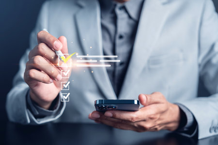 Quality assurance checklist with digital tick marks, concept of task management, document...